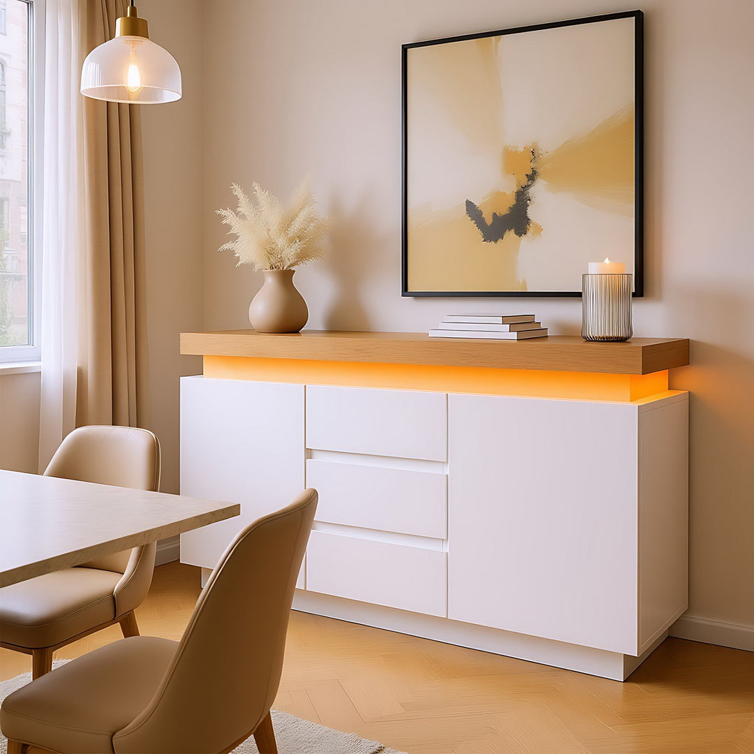 White high-gloss sideboard with 2 doors and 3 drawers with LED light 140*39*81cm FIRLA UK