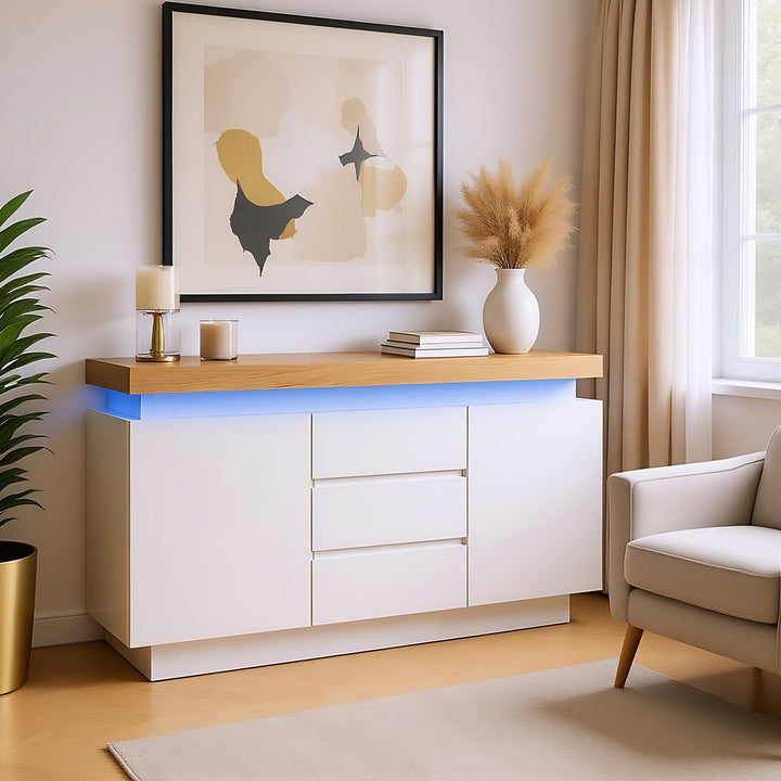 White high-gloss sideboard with 2 doors and 3 drawers with LED light 140*39*81cm FIRLA UK