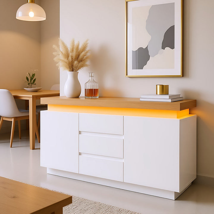 White high-gloss sideboard with 2 doors and 3 drawers with LED light 140*39*81cm FIRLA UK