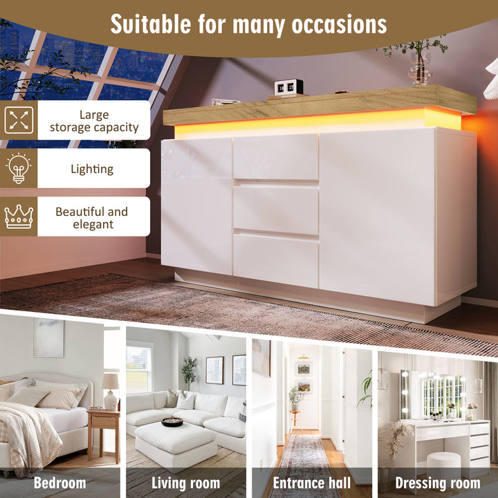 White high-gloss sideboard with 2 doors and 3 drawers with LED light 140*39*81cm FIRLA UK