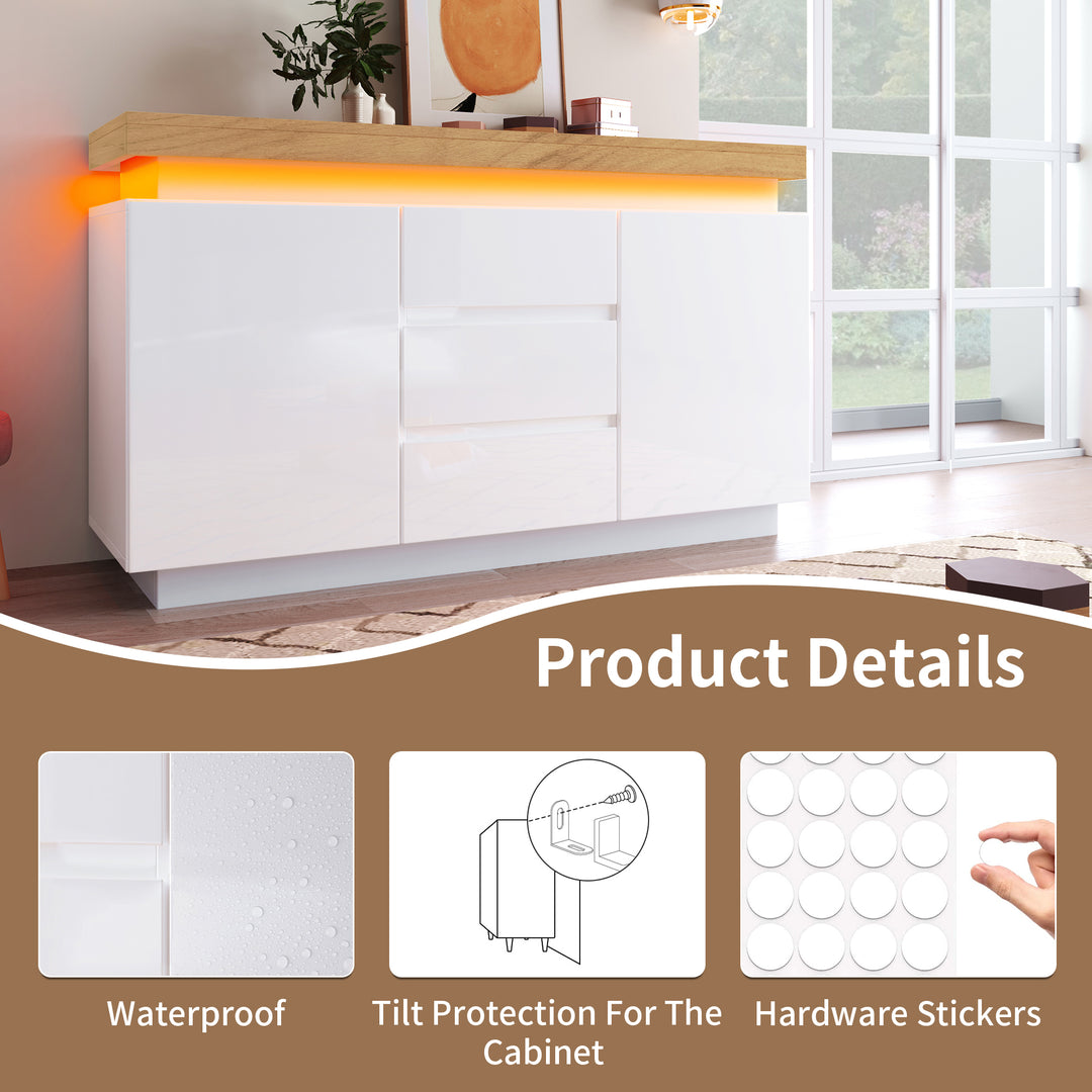 White high-gloss sideboard with 2 doors and 3 drawers with LED light 140*39*81cm FIRLA UK