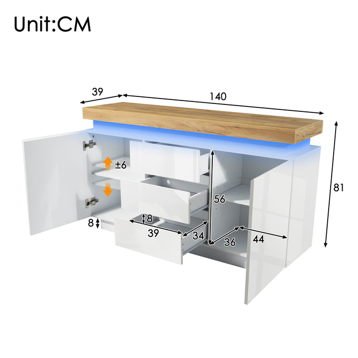 White high-gloss sideboard with 2 doors and 3 drawers with LED light 140*39*81cm FIRLA UK