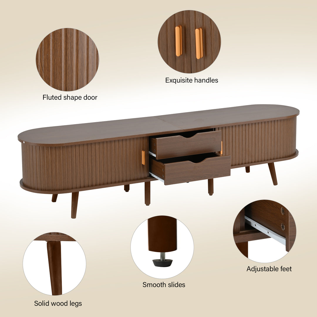 Retro walnut oval fluted TV stand with coffee table set with sliding doors MEALYBUG