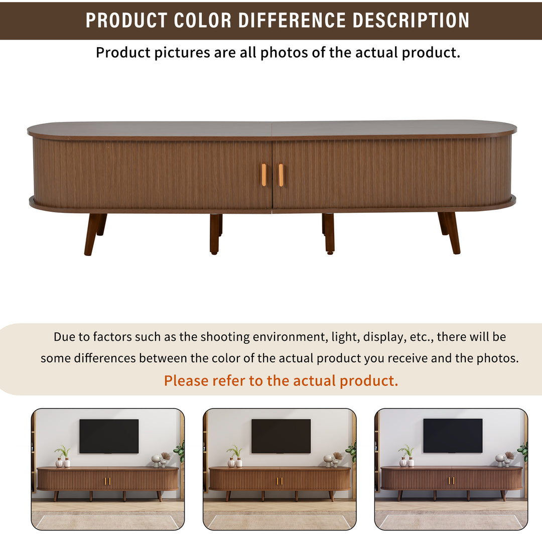 Long oval TV stand retro wooden look with 2 sliding doors 2 drawers HORSETAILJOINT