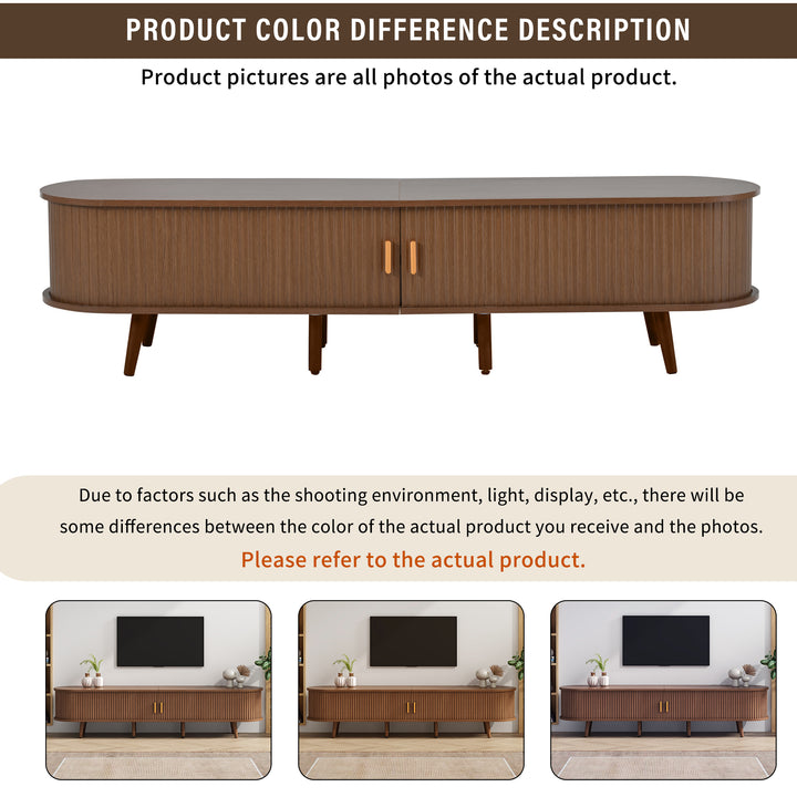 Long oval TV stand retro wooden look with 2 sliding doors 2 drawers HORSETAILJOINT