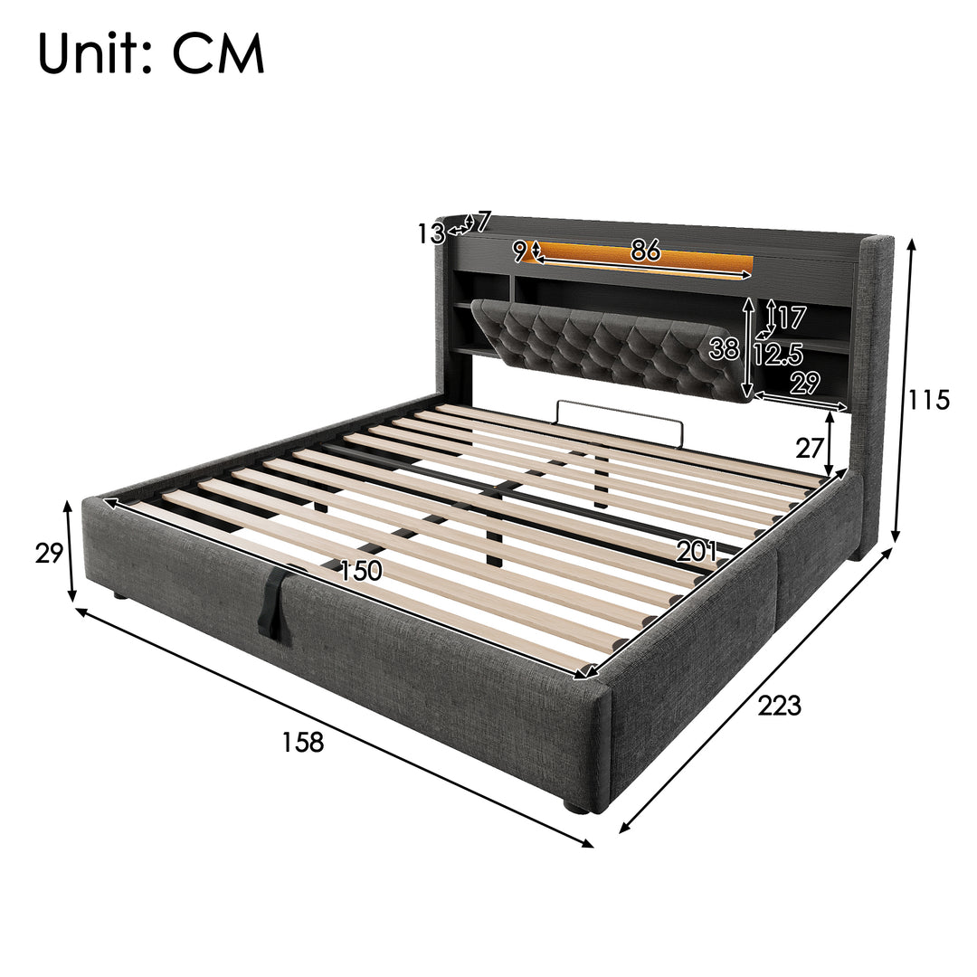 00+King Bed Frame 150 x 200 cm Grey Linen with Hydraulic Storage & LED Lights VANITYWALNUT