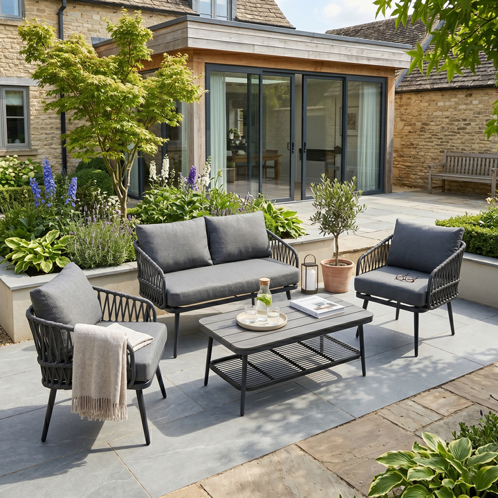 4 seaters outdoor garden set grey, sofa & 2 armchairs and with coffee table ASHARMOIRE