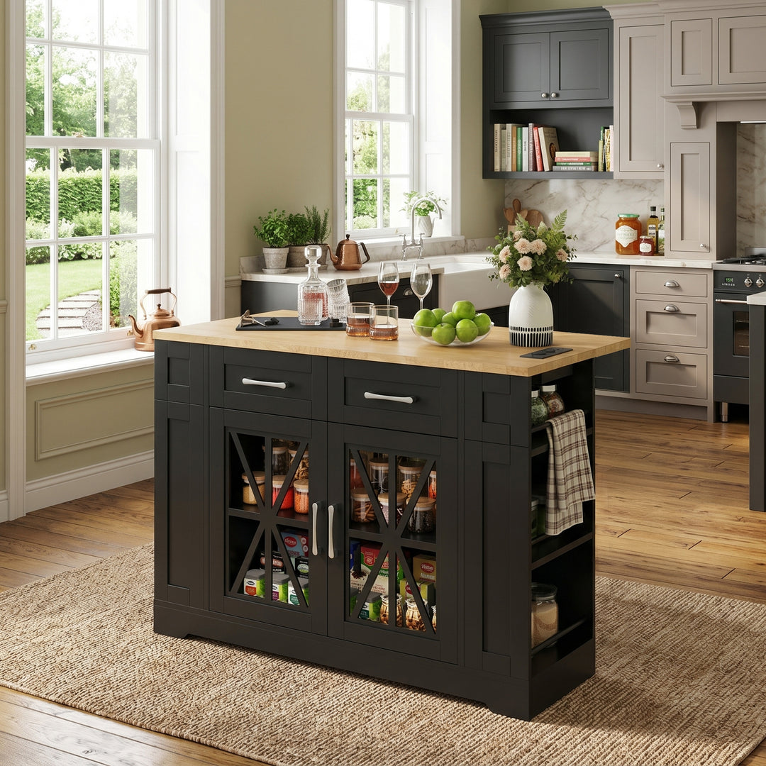 Kitchen island wooden & black on wheels with foldable tabletop with charging station ASHCART