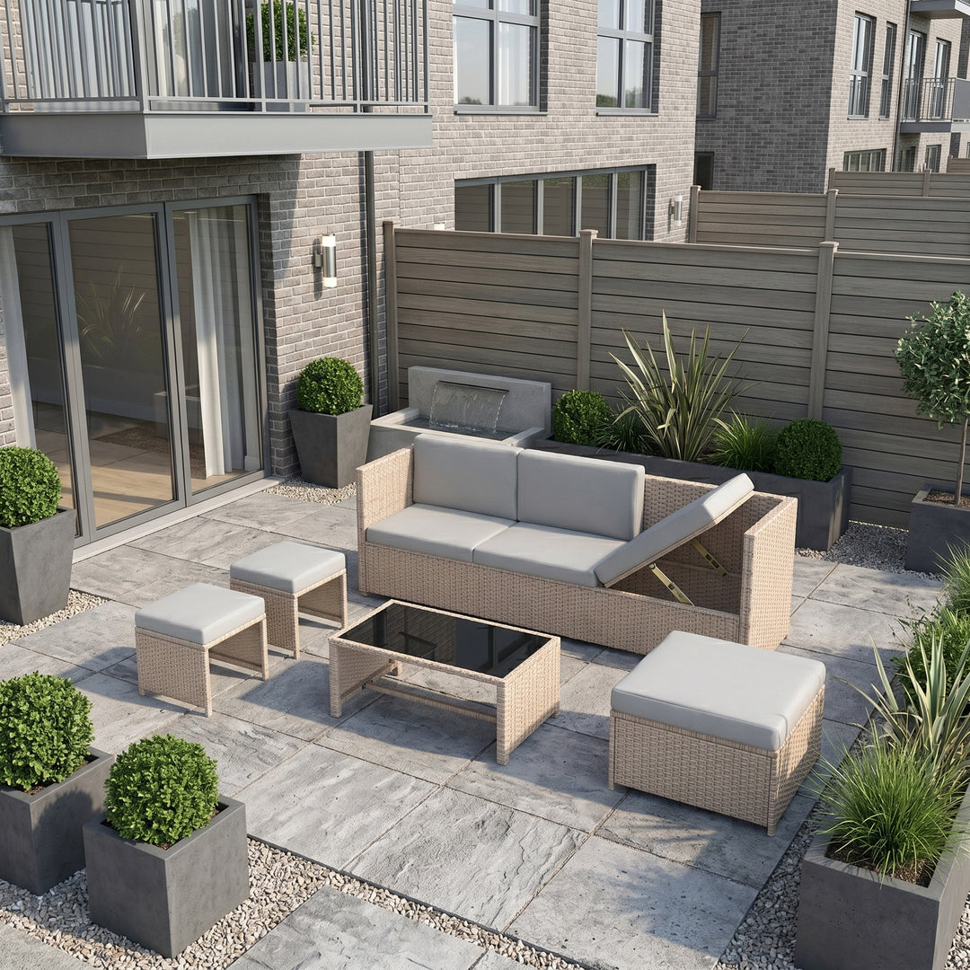 Garden set of 6 seaters khaki rattan sofa weatherproof stools and glass coffee table STREAMLINEOS