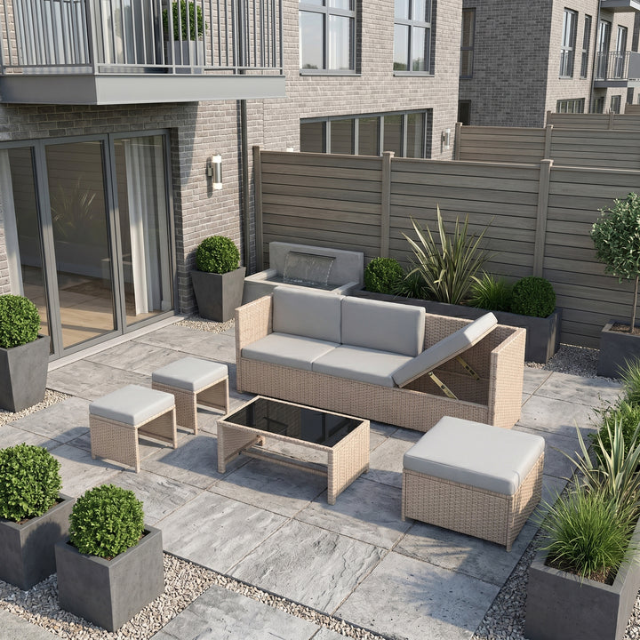 Garden set of 6 seaters khaki rattan sofa weatherproof stools and glass coffee table STREAMLINEOS