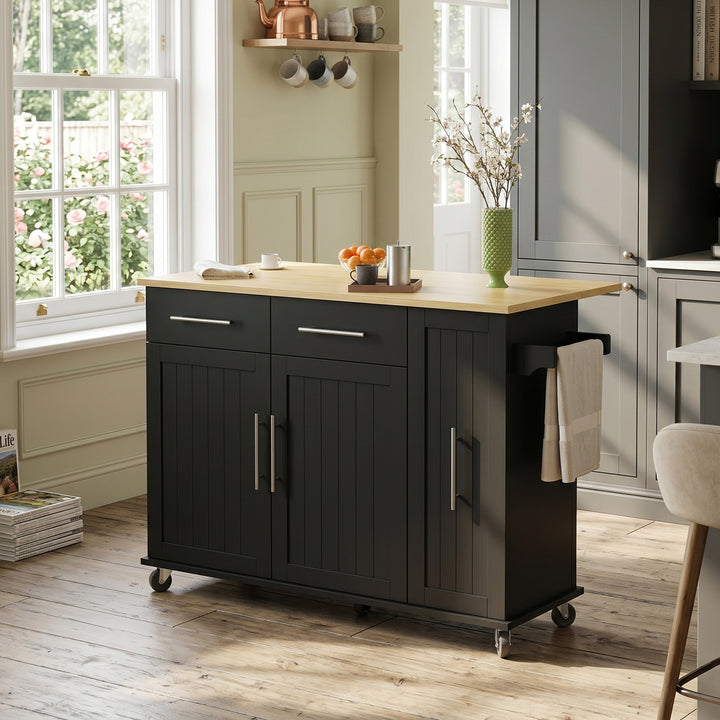 Kitchen island wooden and black, 3-tier pull-out storage, rolling cart towel holder ASHCEILING