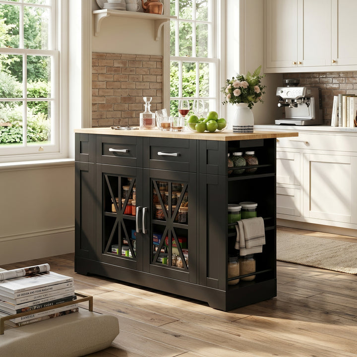 Kitchen island wooden & black on wheels with foldable tabletop with charging station ASHCART