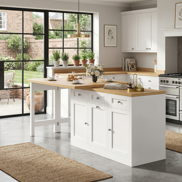 Extendable white bar table 360° rotation with storage cabinet with pull-out drawer ARMOIRESTONE