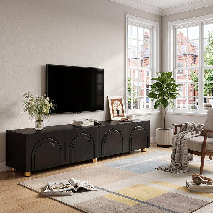 Black TV Cabinet with 4-Doors Arch Relief Storage 180cm TRITRUNK