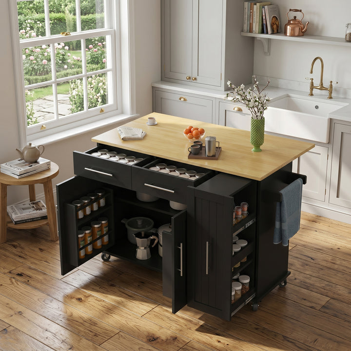 Kitchen island wooden and black, 3-tier pull-out storage, rolling cart towel holder ASHCEILING