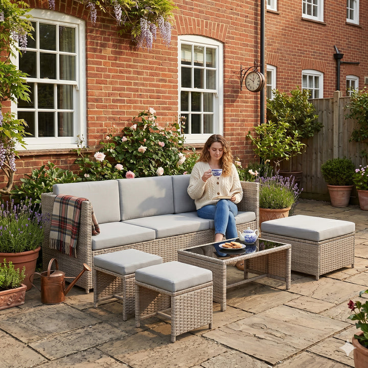 Garden set of 6 seaters khaki rattan sofa weatherproof stools and glass coffee table STREAMLINEOS