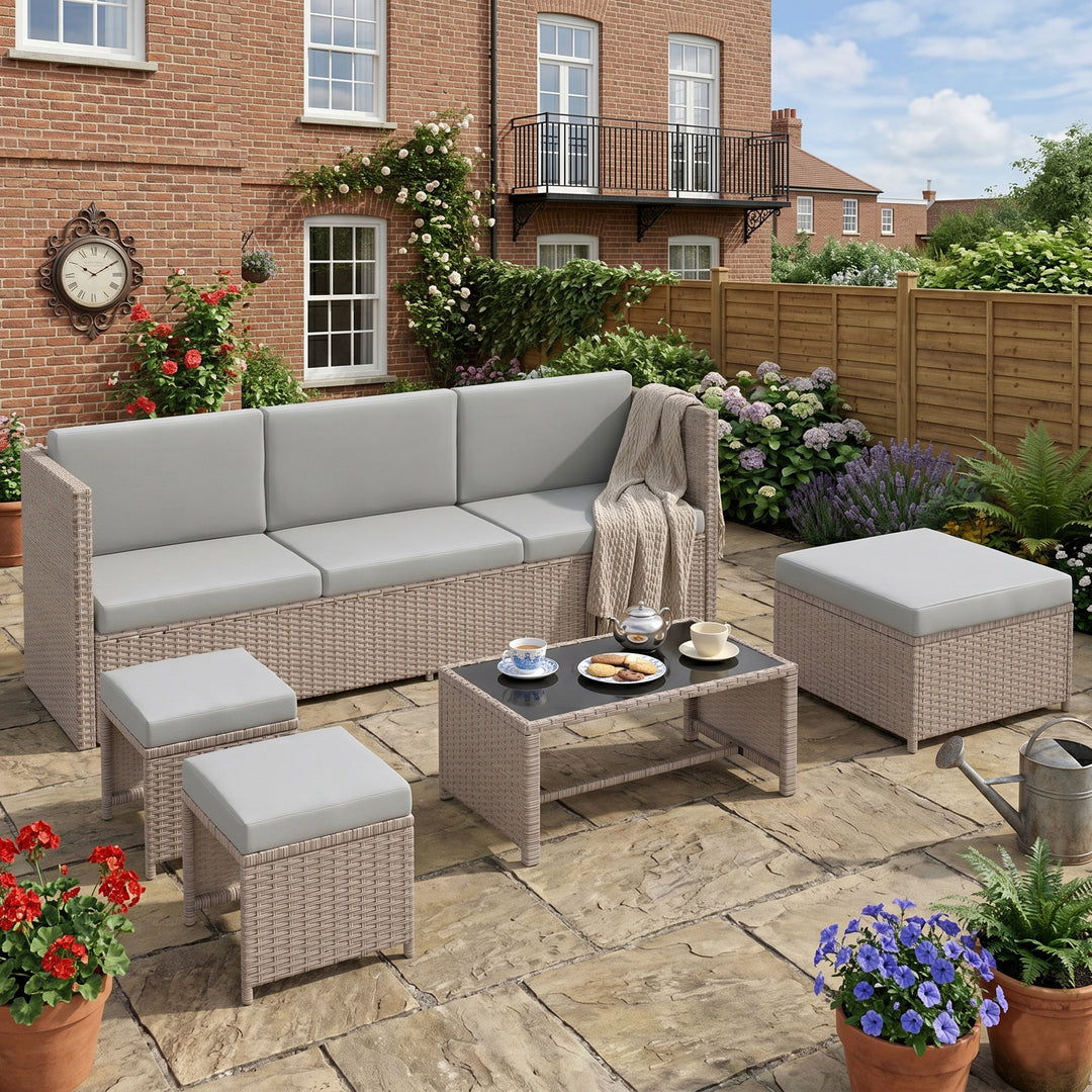 Garden set of 6 seaters khaki rattan sofa weatherproof stools and glass coffee table STREAMLINEOS