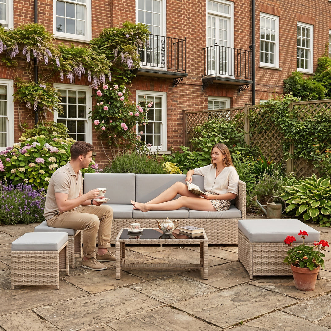Garden set of 6 seaters khaki rattan sofa weatherproof stools and glass coffee table STREAMLINEOS