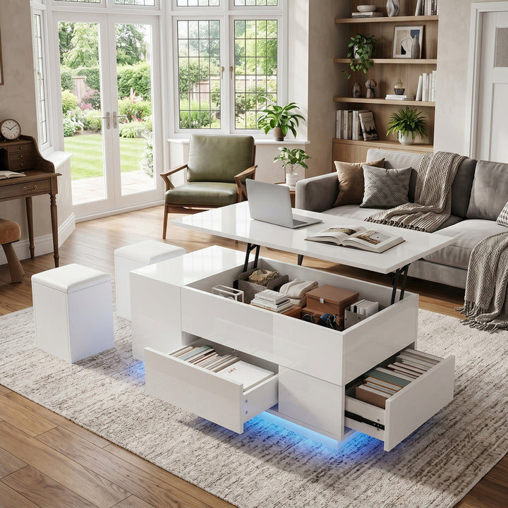 White high gloss lift-up coffee table 4-in-1 with LED and 2 storage stools ARMOIREPURE
