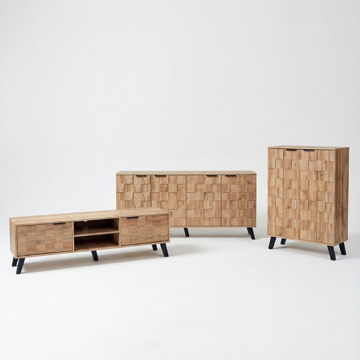 Set of 3 modern sideboard TV stand and shoe cabinet with geometric wood texture black legs DECOMPOS+FLAGELLUM+LYSOGEN