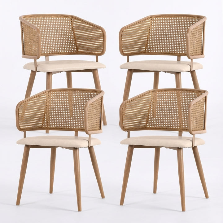 Set of 4 modern beige PU dining chairs with rattan backrest REELING