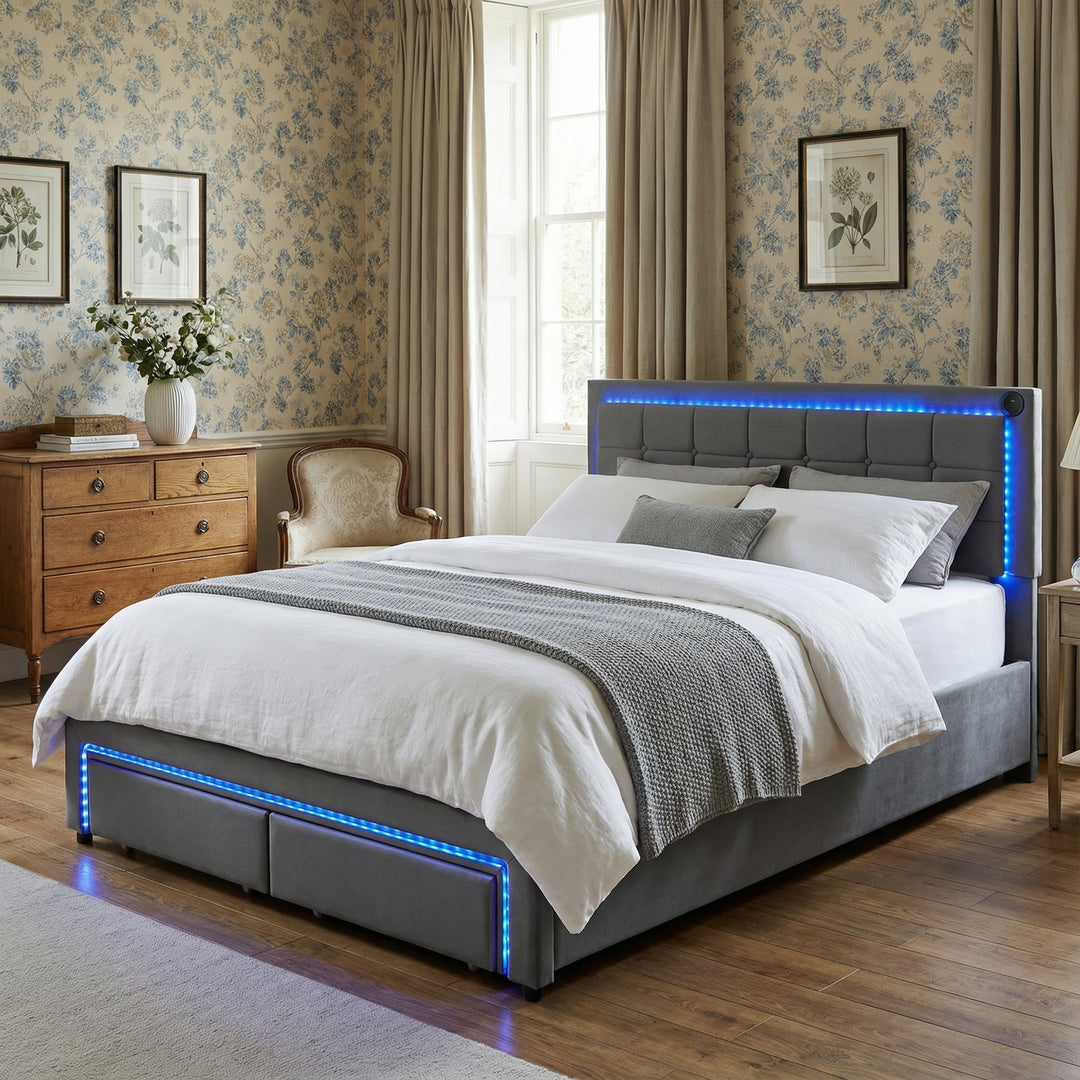 Grey velvet king size upholstered ottoman bed end opening with lighting LED headboard with 2 drawers (150cm*200cm) POLLINARI