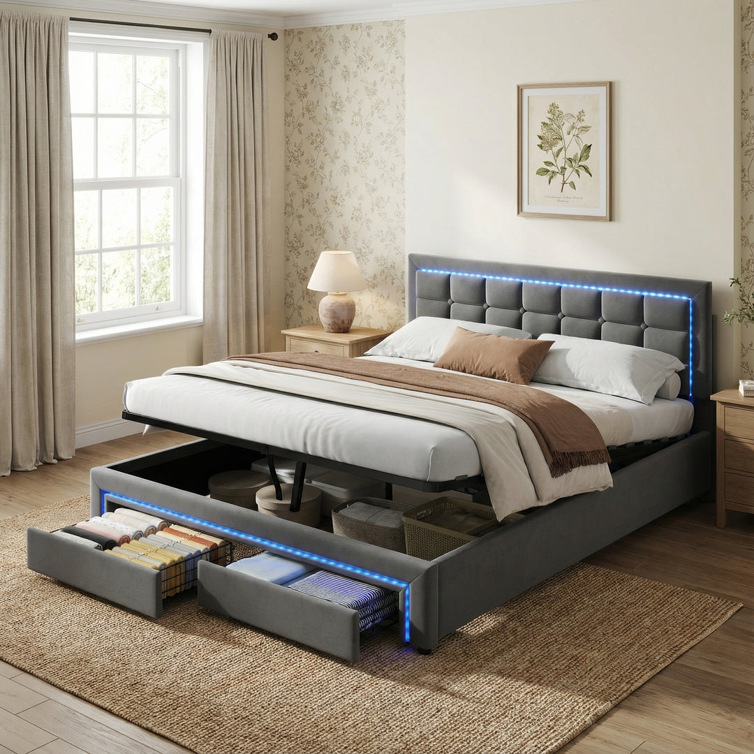 Grey velvet king size upholstered ottoman bed end opening with lighting LED headboard with 2 drawers (150cm*200cm) POLLINARI