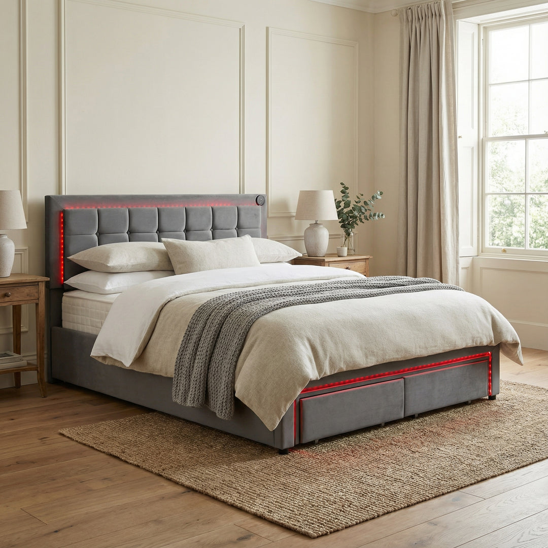 Grey velvet king size upholstered ottoman bed end opening with lighting LED headboard with 2 drawers (150cm*200cm) POLLINARI