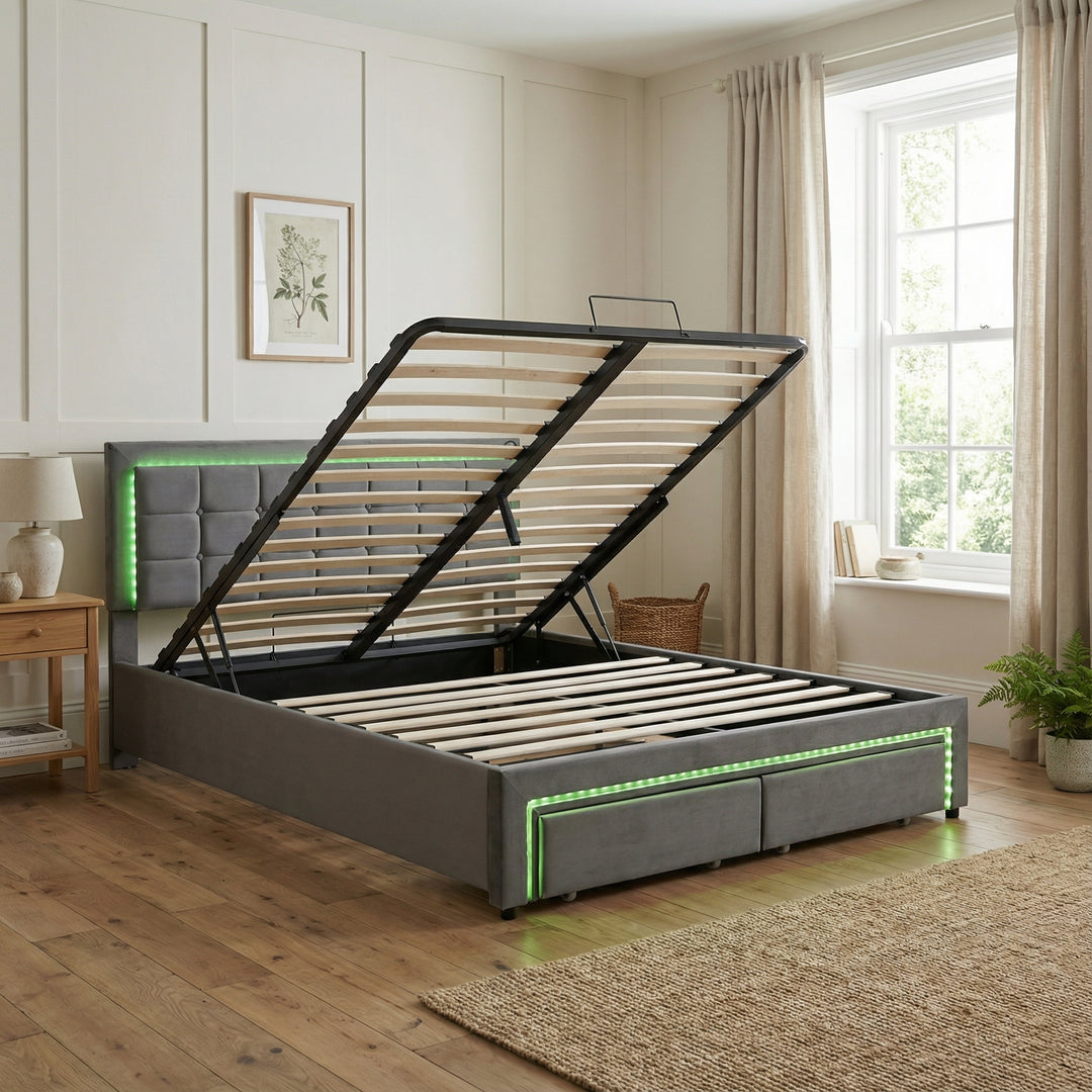 Grey velvet king size upholstered ottoman bed end opening with lighting LED headboard with 2 drawers (150cm*200cm) POLLINARI