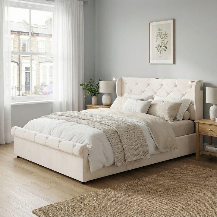 Beige velvet tufted upholstered ottoman double bed end opening (135x190cm) RADIOLARI