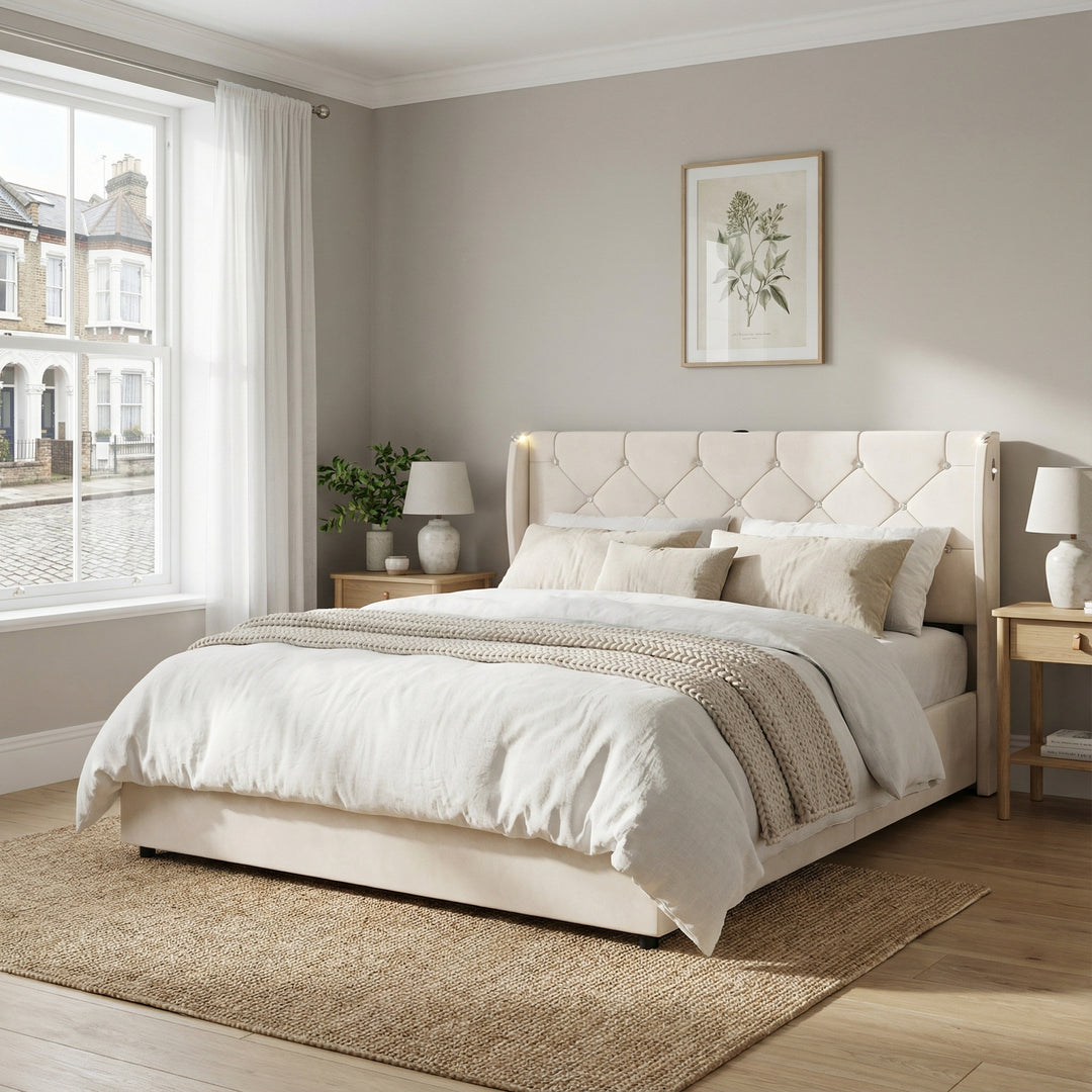 Beige velvet tufted upholstered ottoman double bed end opening (135x190cm) RADIOLARI