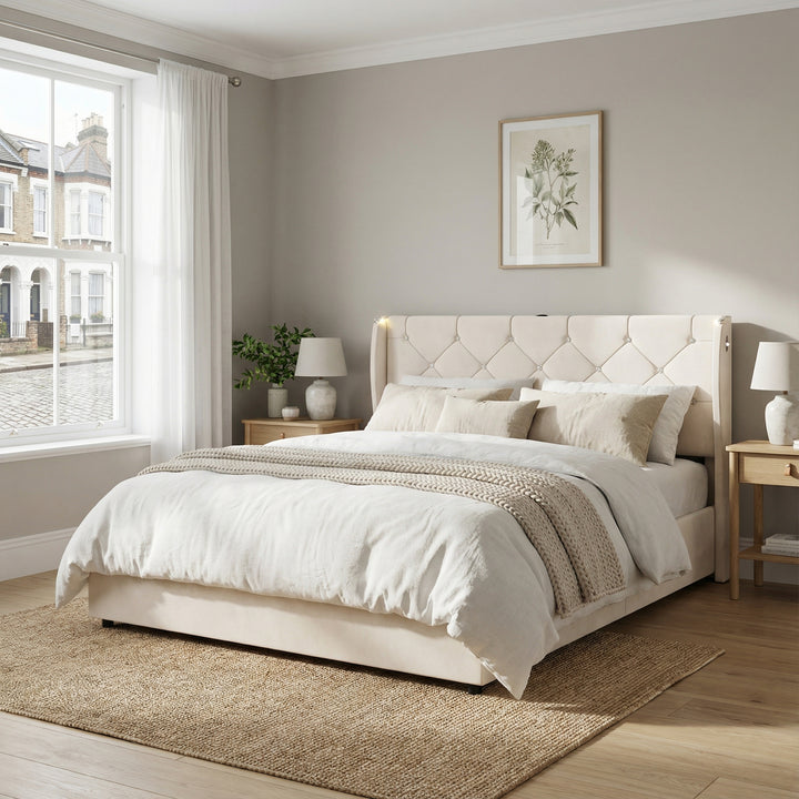 Beige velvet tufted upholstered ottoman double bed end opening (135x190cm) RADIOLARI