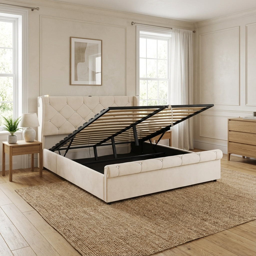 Beige velvet tufted upholstered ottoman double bed end opening (135x190cm) RADIOLARI