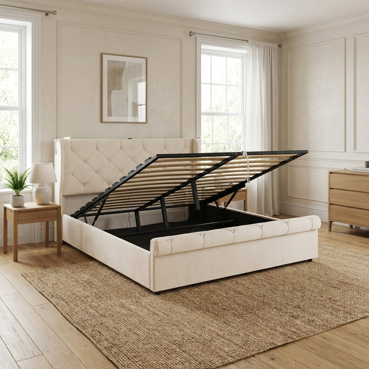 Beige velvet tufted upholstered ottoman double bed end opening (135x190cm) RADIOLARI