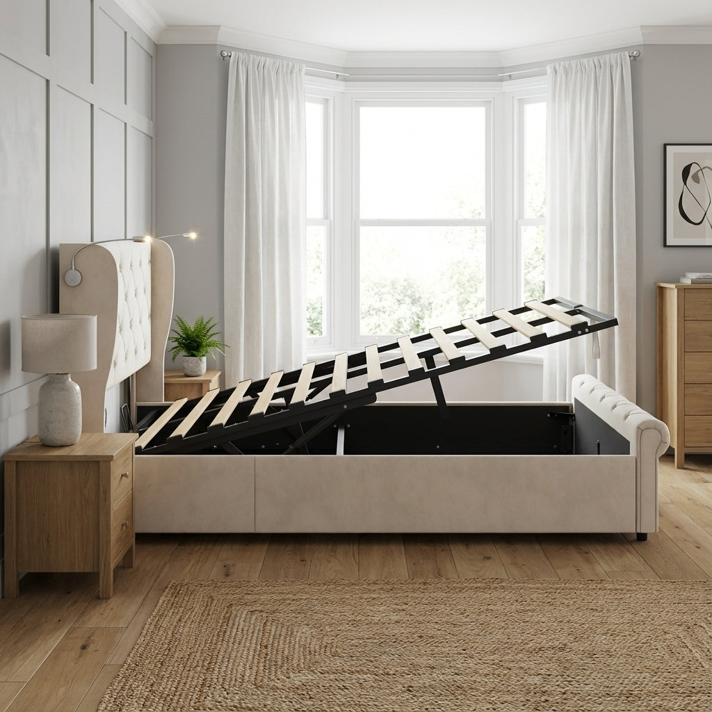 Beige velvet tufted upholstered ottoman double bed end opening (135x190cm) RADIOLARI