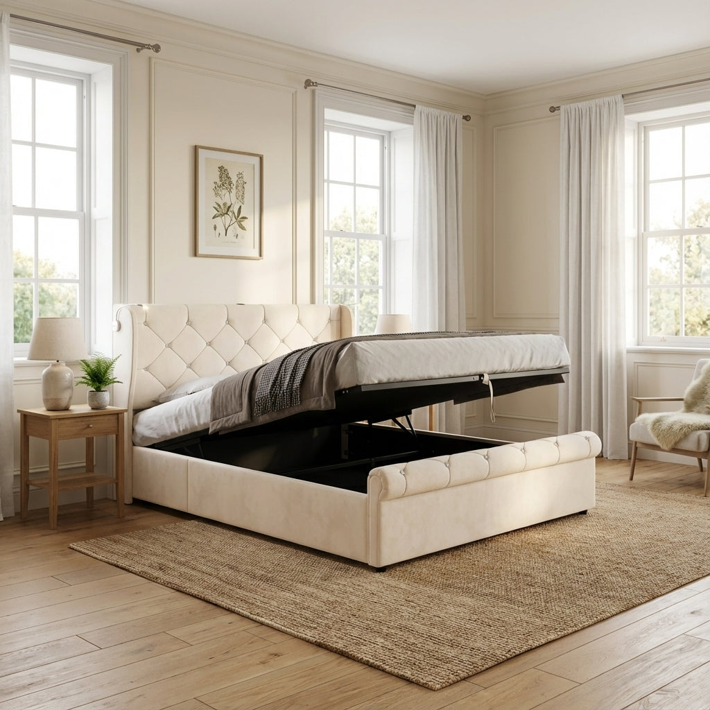 Beige velvet tufted upholstered ottoman double bed end opening (135x190cm) RADIOLARI