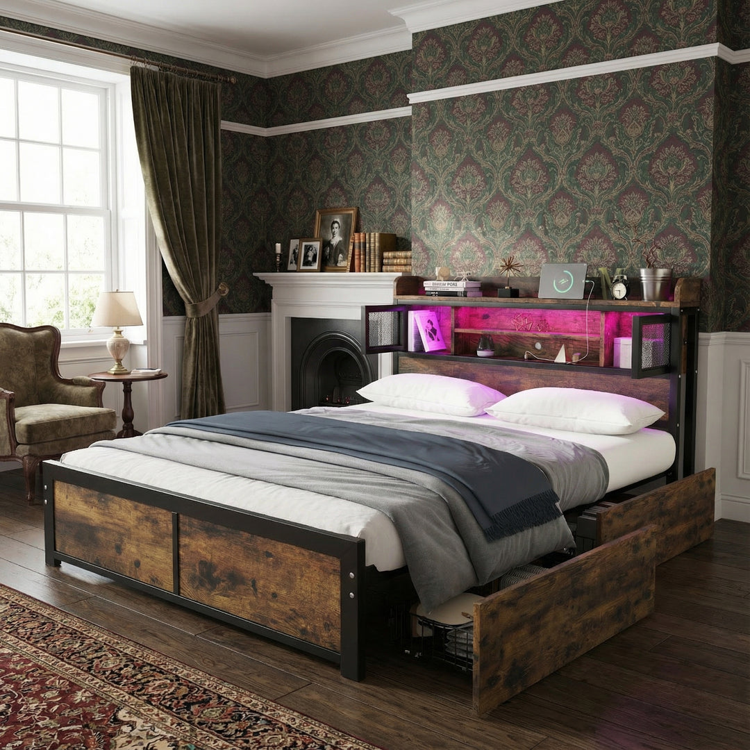 Multifunctional wooden look double bed&nbsp; with LED lighting, 2 drawers & charging ports (135x190cm) ELATERSPRING