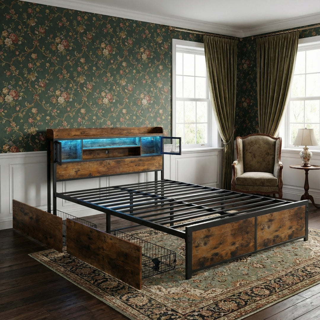 Multifunctional wooden look double bed&nbsp; with LED lighting, 2 drawers & charging ports (135x190cm) ELATERSPRING
