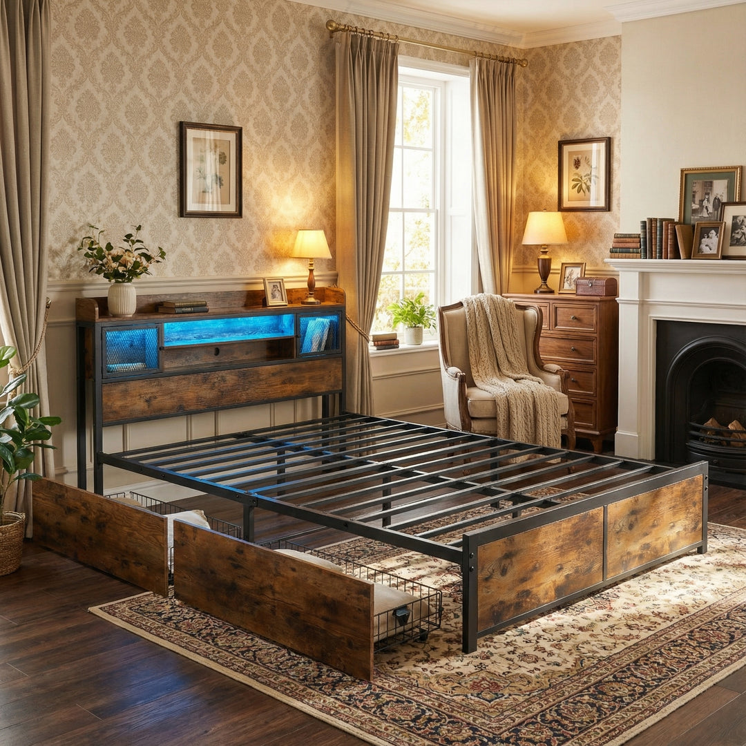 Multifunctional wooden look double bed&nbsp; with LED lighting, 2 drawers & charging ports (135x190cm) ELATERSPRING