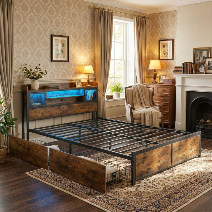 Multifunctional wooden look double bed&nbsp; with LED lighting, 2 drawers & charging ports (135x190cm) ELATERSPRING