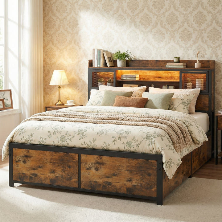 Multifunctional wooden look double bed&nbsp; with LED lighting, 2 drawers & charging ports (135x190cm) ELATERSPRING
