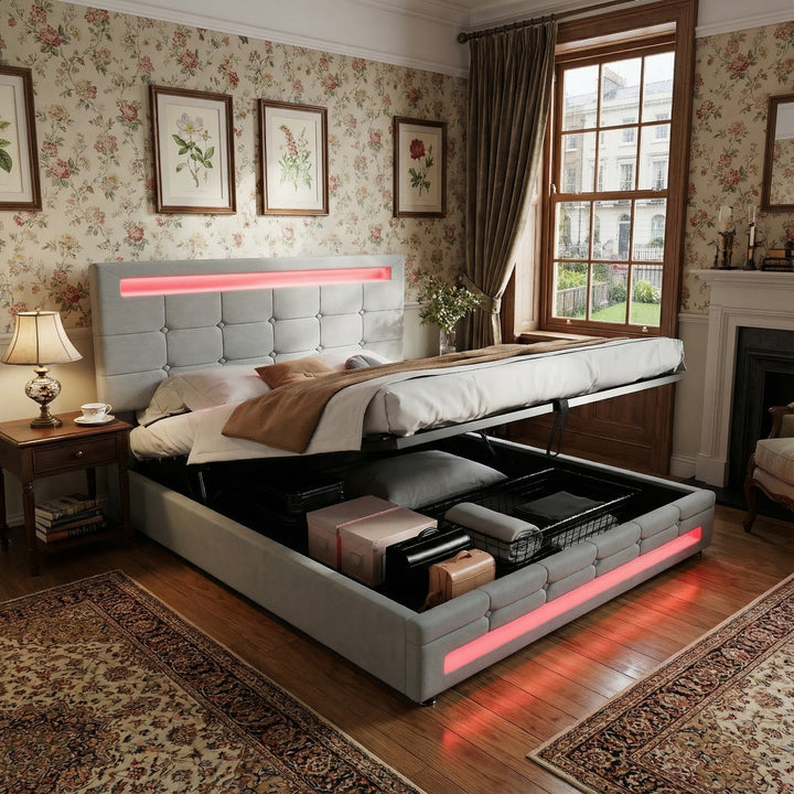 Grey velvet upholstered ottoman double bed with LED lighting (135x190cm) ANHYDROBIO