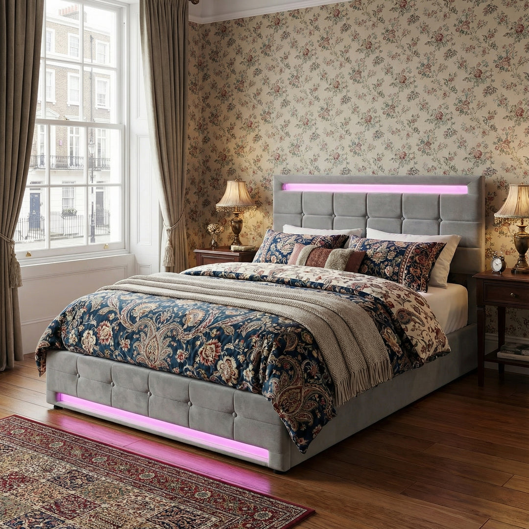 Grey velvet upholstered ottoman double bed with LED lighting (135x190cm) ANHYDROBIO