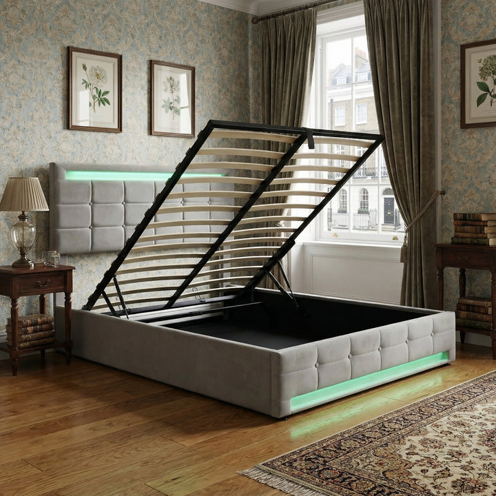 Grey velvet upholstered ottoman double bed with LED lighting (135x190cm) ANHYDROBIO