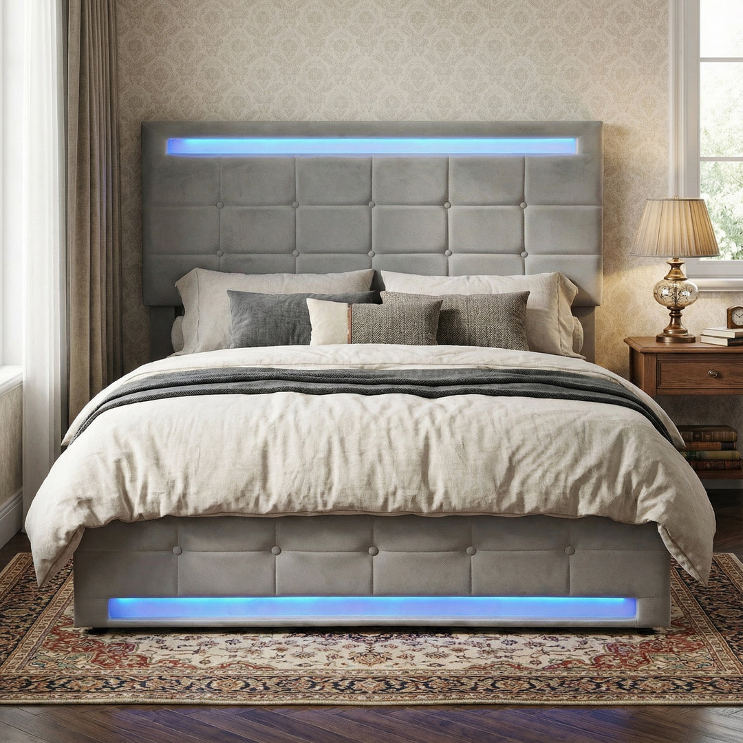Grey velvet upholstered ottoman double bed with LED lighting (135x190cm) ANHYDROBIO