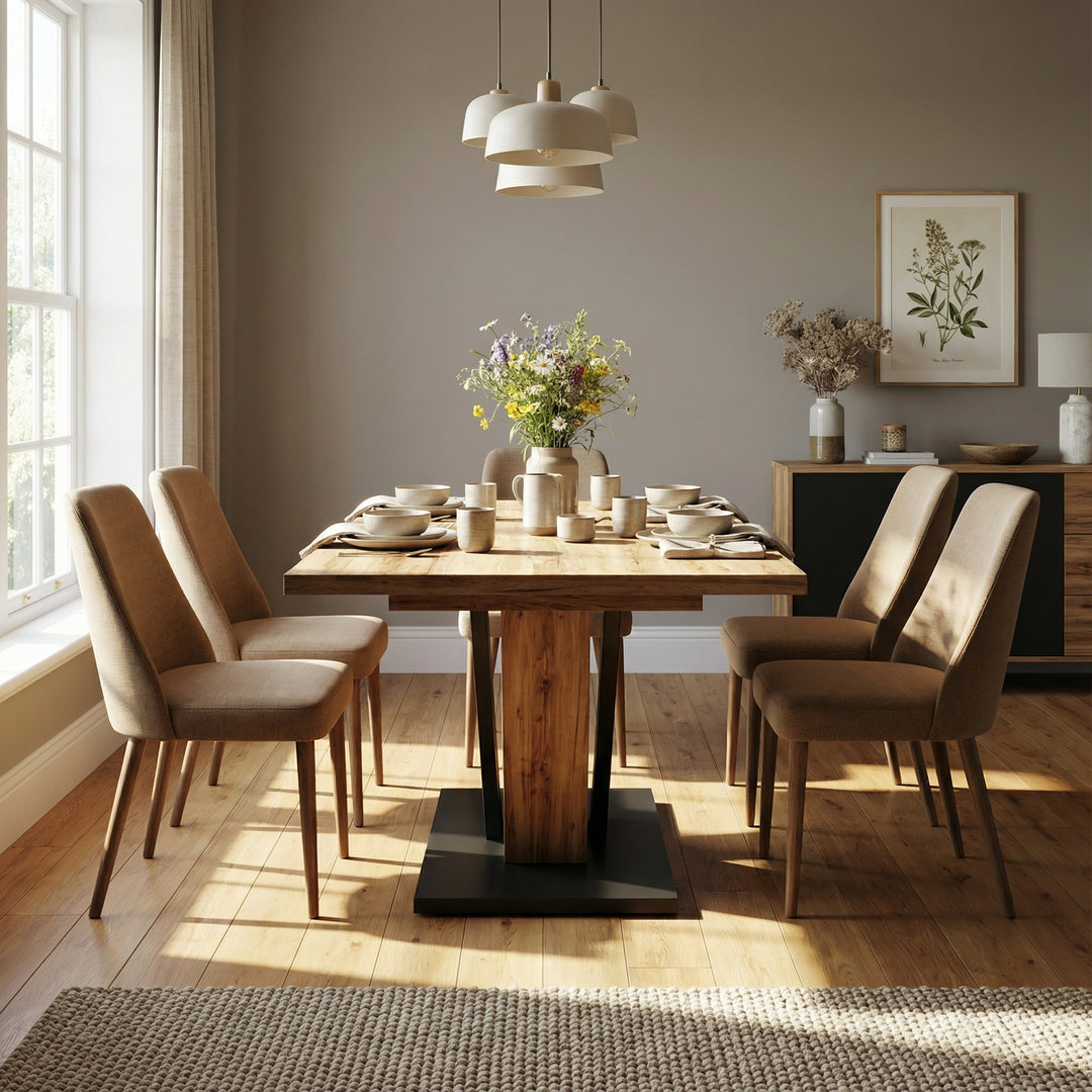 Extendable natural wood-grain dining table (120-160cm) SWEETEXUD