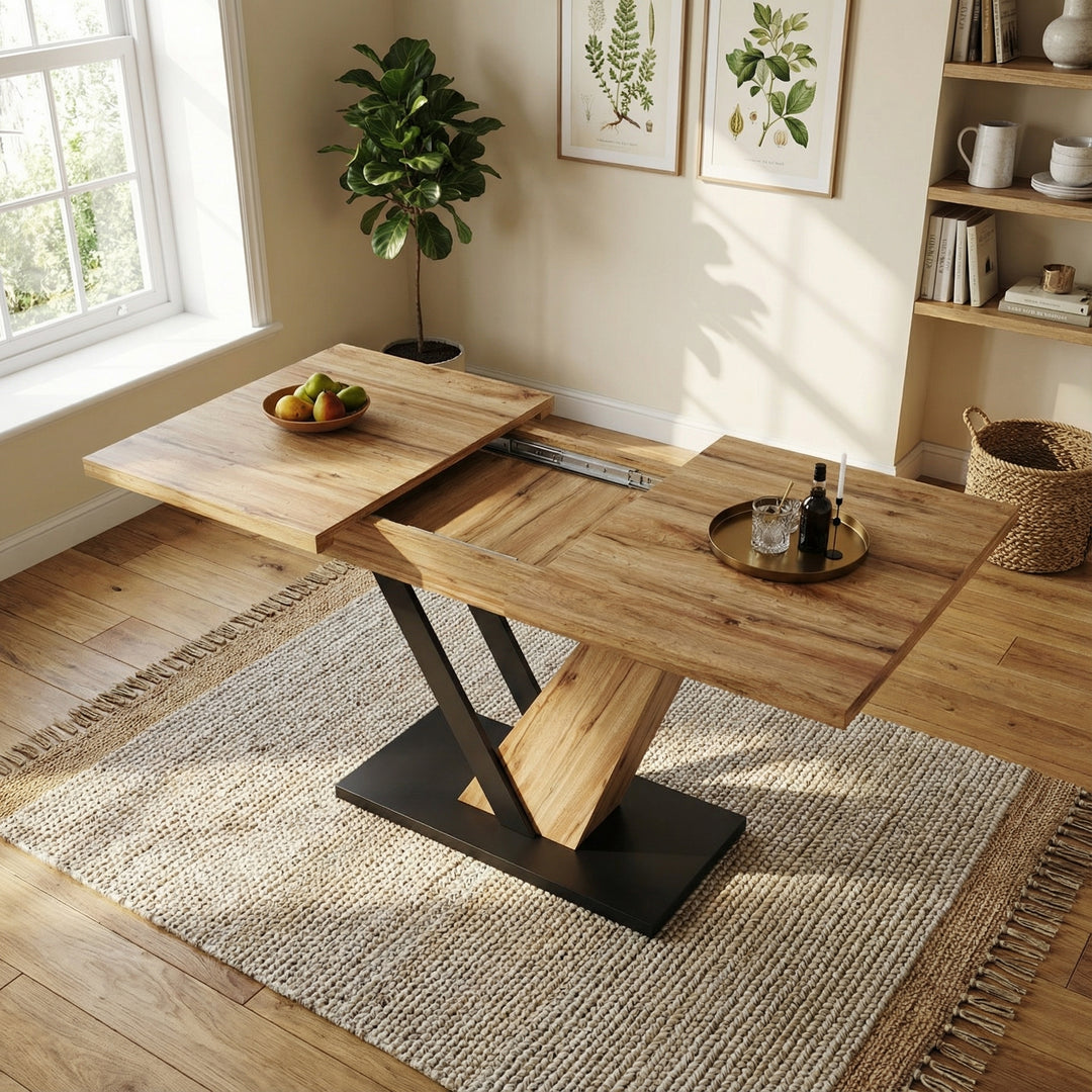 Extendable natural wood-grain dining table (120-160cm) SWEETEXUD