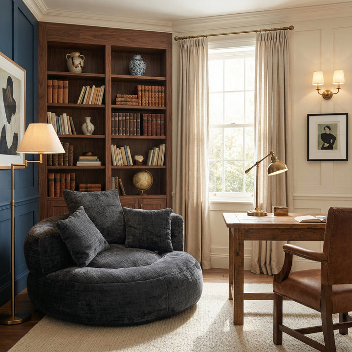 Large comfy round snuggle chair in dark gray chenille fabric BLISSO