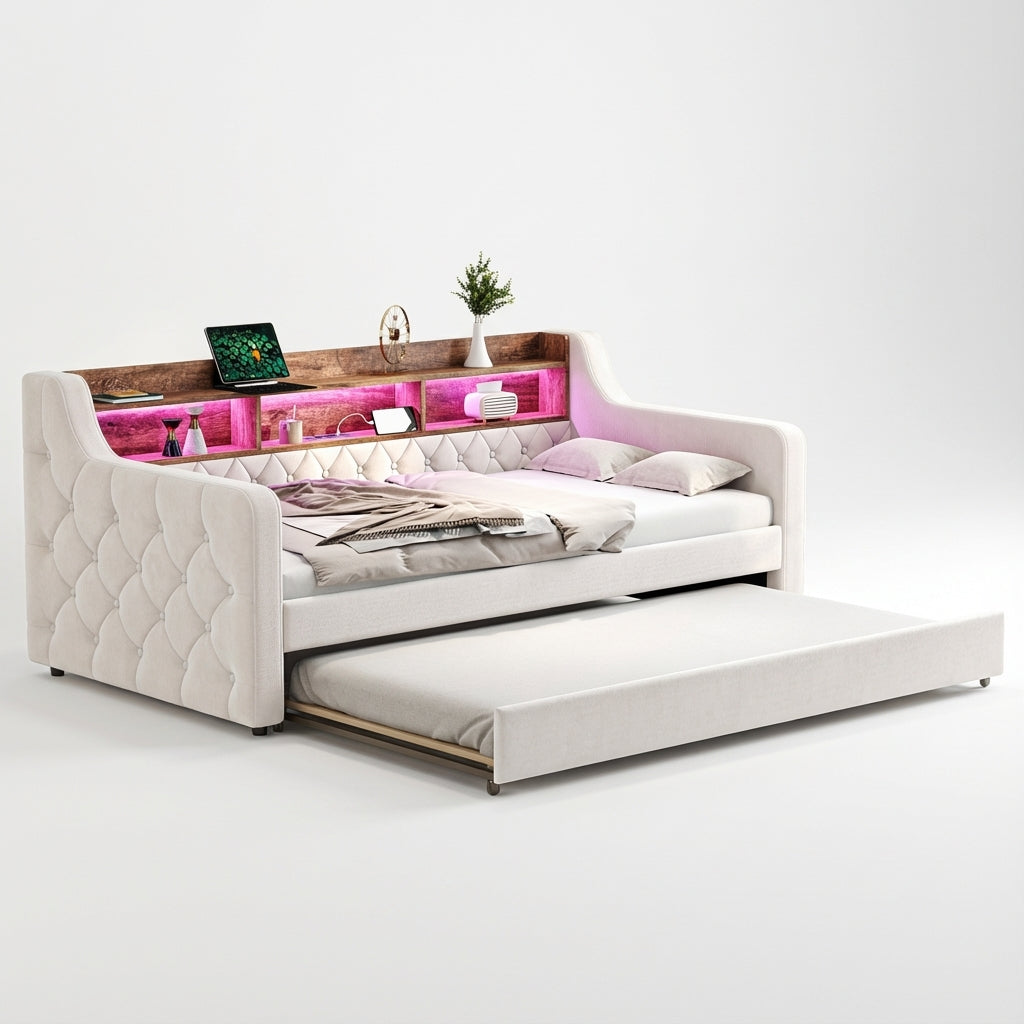 Beige velvet tufted button daybed with rustic wood shelves, lighting LED and charging port (90×190cm) TIDAL
