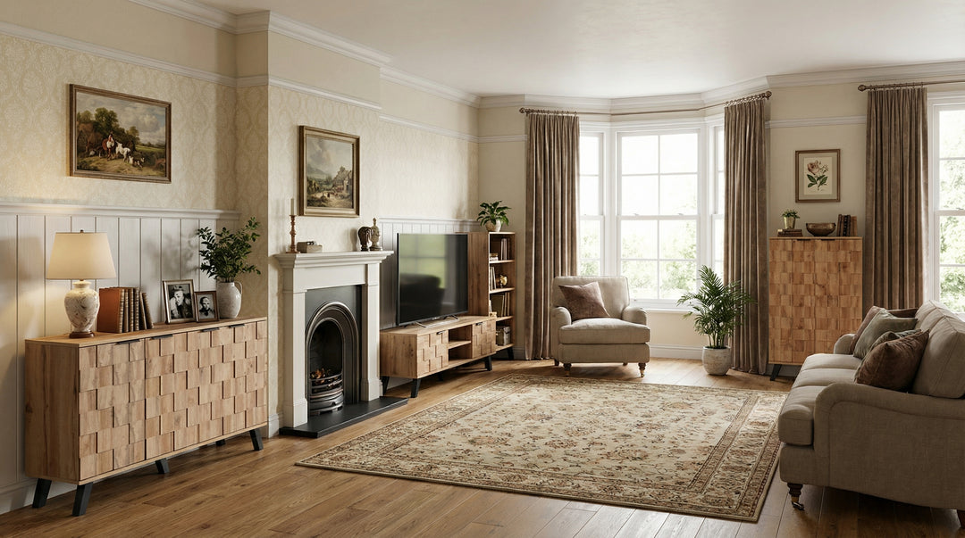 Set of 3 modern sideboard TV stand and shoe cabinet with geometric wood texture black legs DECOMPOS+FLAGELLUM+LYSOGEN